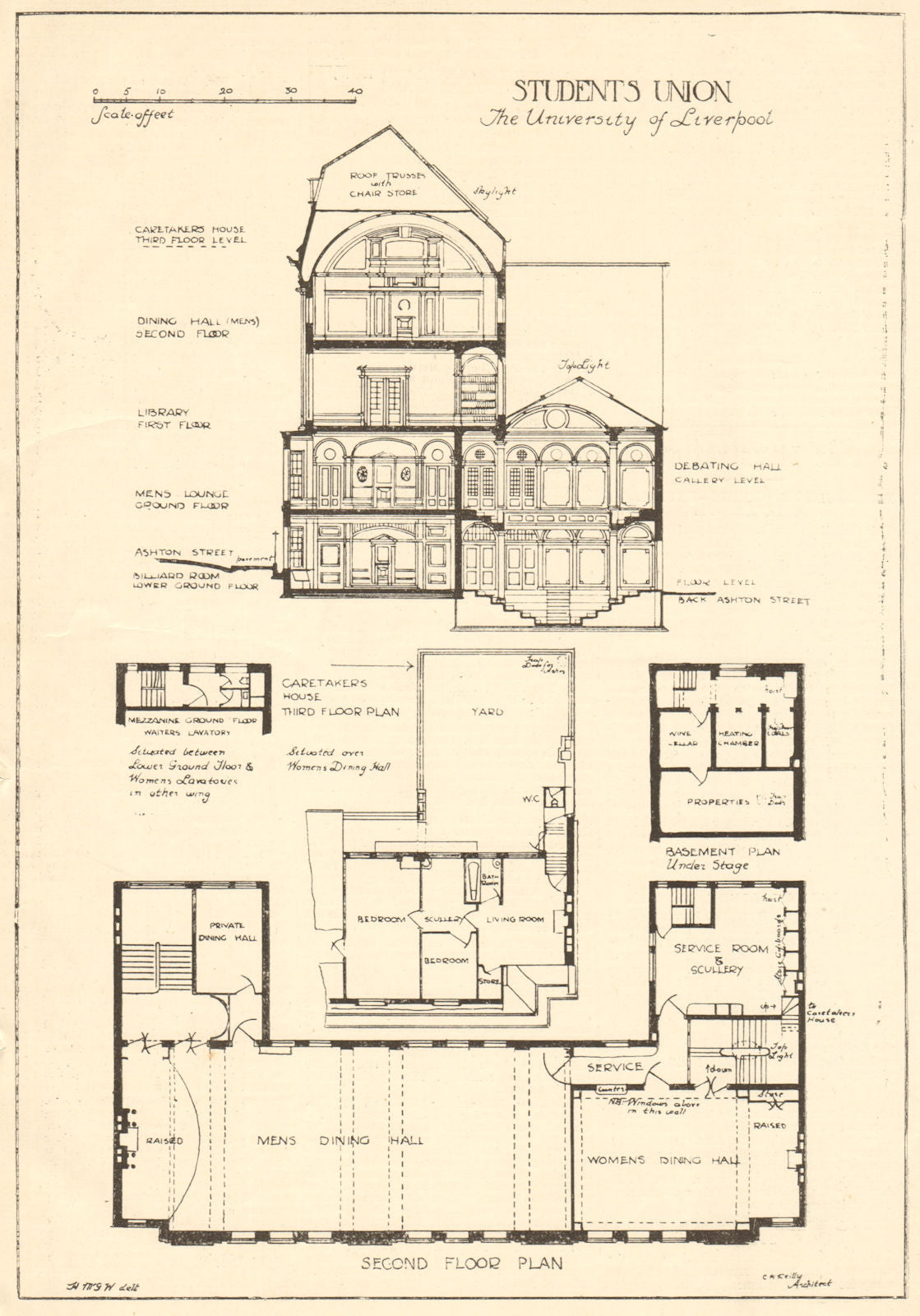 Students Union, University of Liverpool. Ashton Street. Floor plan section 1907
